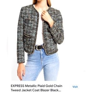 EXPRESS metallic plaid gold chain tweed jacket, size M, dark green and b…